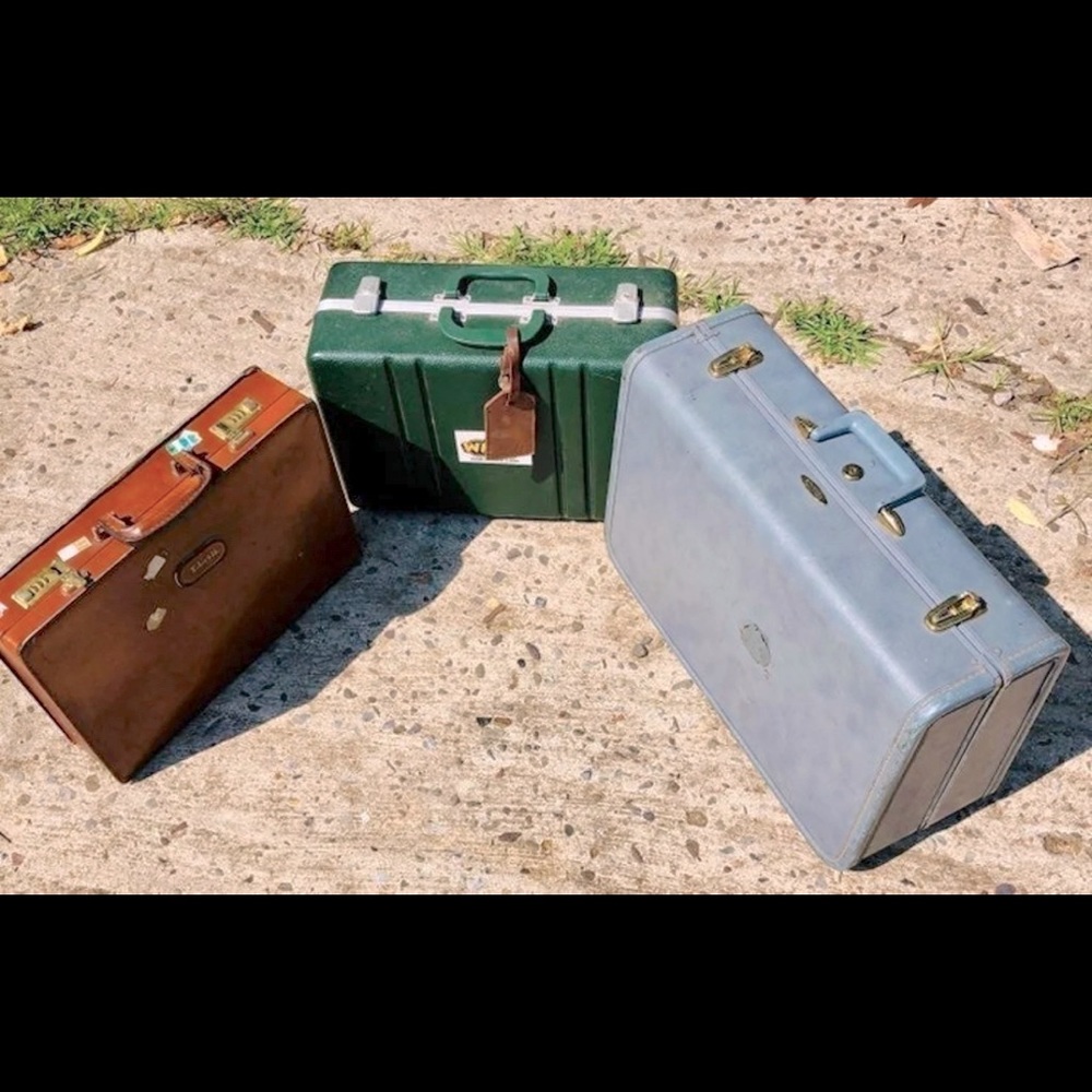 Baby blue Vintage Luggage Suitcase purple silk interior